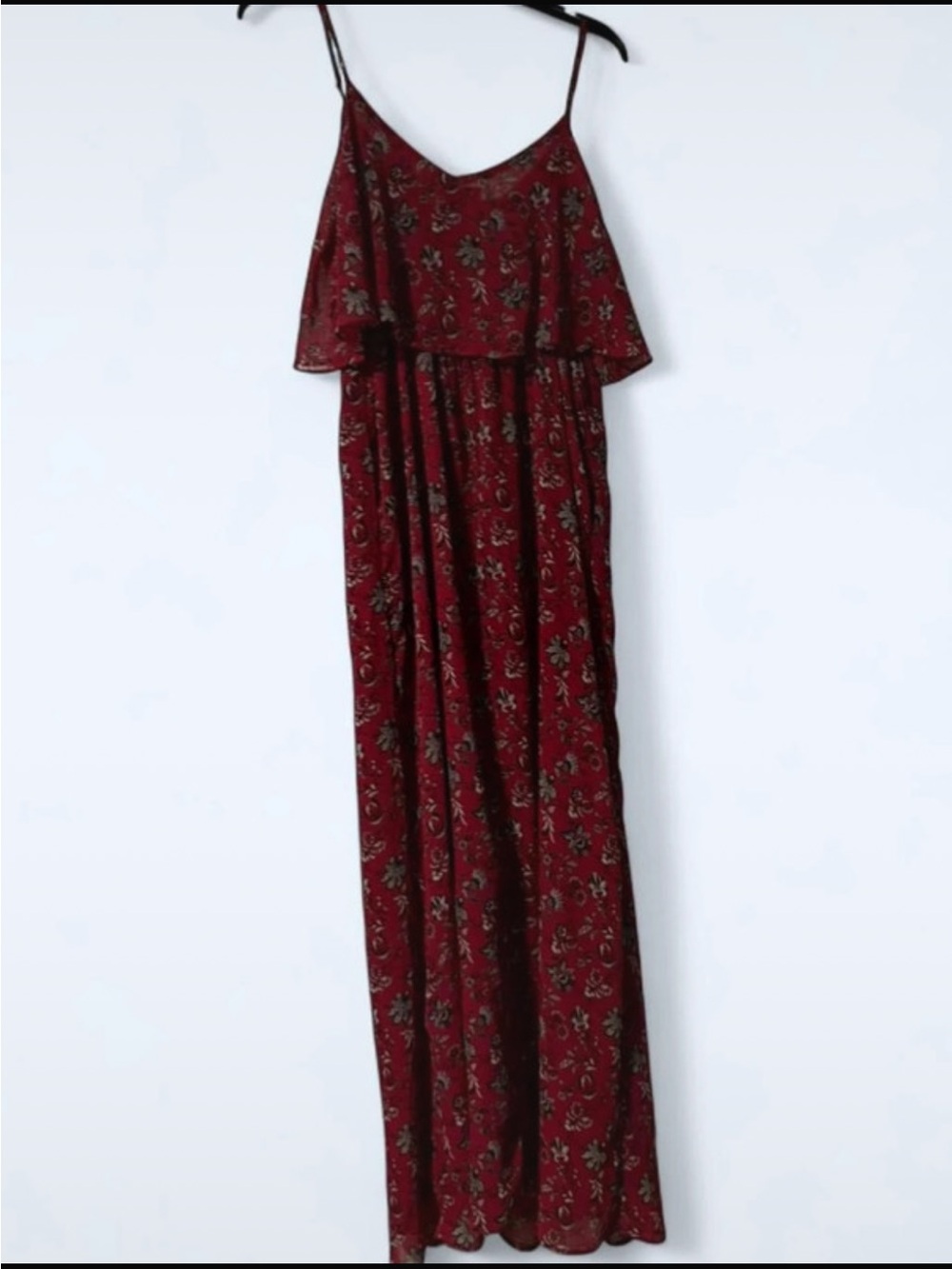 Forever 21 Burgundy Floral Ruffle Maxi Dress with Spaghetti Straps